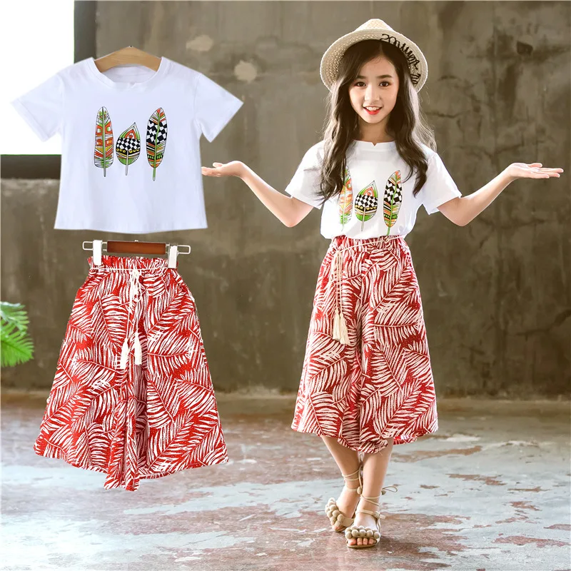 Summer Girls Clothes Sets Teenager Girl Short Sleeve Shirt Top+Shorts Suits Kids Clothing Printed Children\'s Clothes 2pcs 4-14T