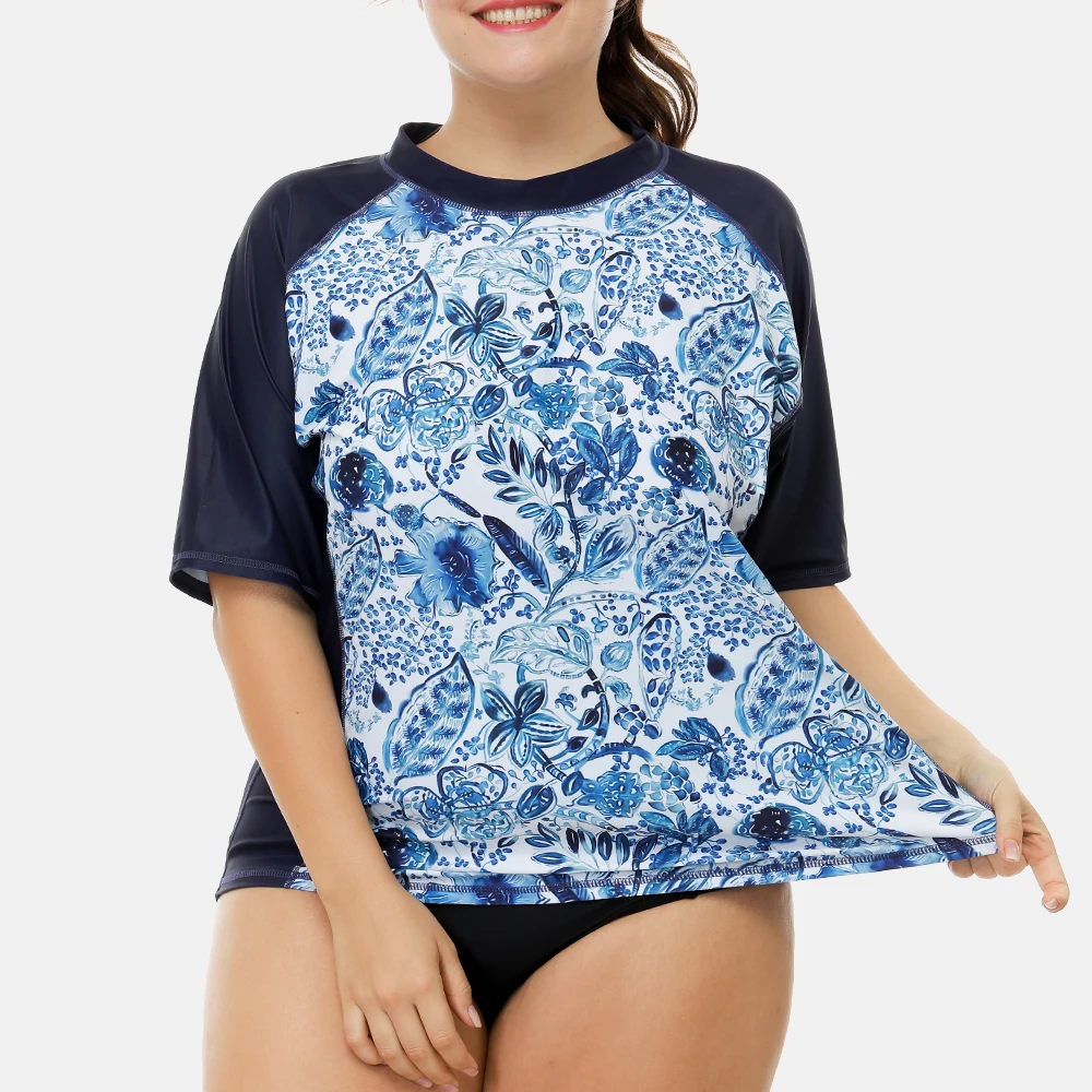 Attraco Swimsuit Swimwear Rash Guard Women Short Sleeve Retro Floral Print Shirt Womens Plus Size UPF50+ Rash Guard Beach Wear