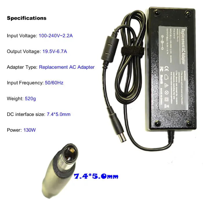 19.5V 6.7A 7.4*5.0MM 130W Replacement For Dell 9Y819 W1828 D1078 TC887 X7329 K5294 310-4180 310-6580 AC Adapter Power Charger