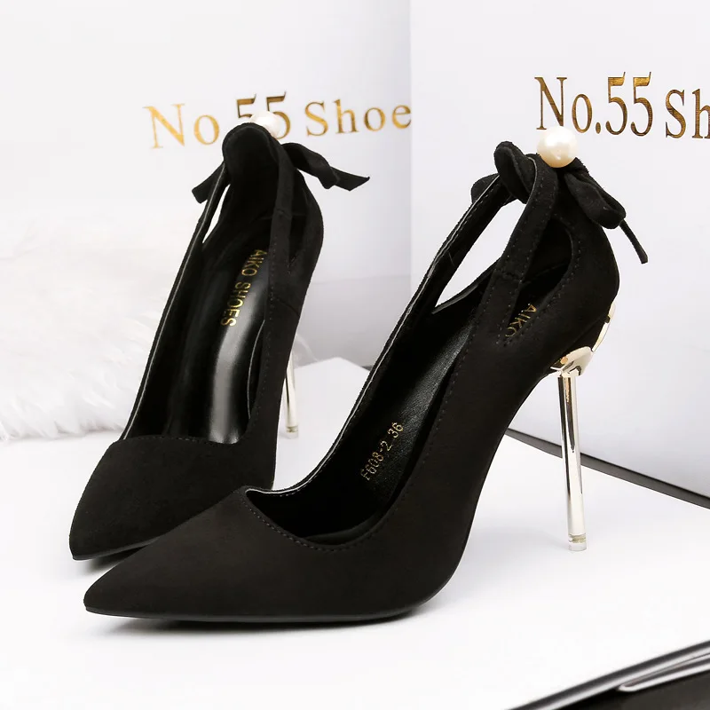 Women Pumps Flock Pointed Toe fashion mouth Hollow Bow 10CM Thin heel Fashion Dress Office Shoes