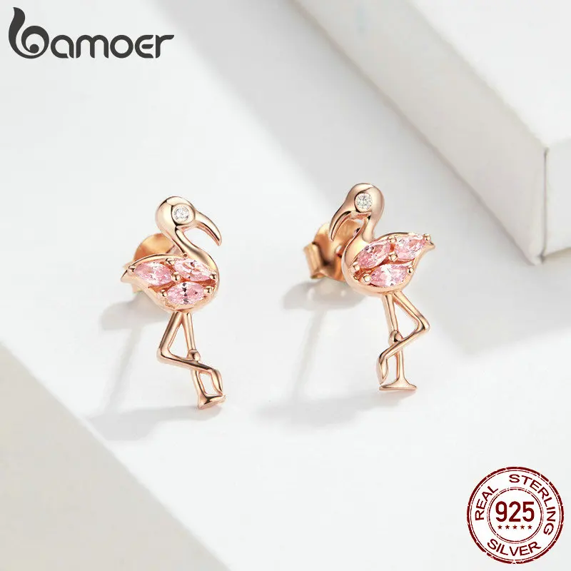 bamoer Summer Flamingos Stud Earrings for Women Pink Cubic Zirconia Ear Studs Romantic Female Silver 925 Jewelry Gifts BSE120