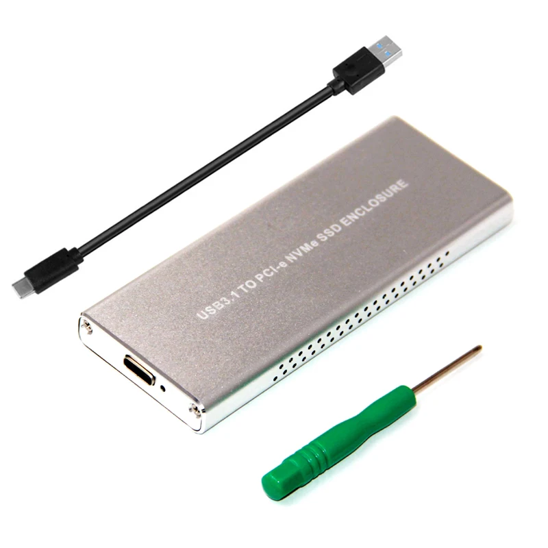 علبة قرص صلب من الألومنيوم الفضي ، M.2 SSD USB3.1 إلى PCIE NVME M2 SSD ، حاوية مع كابل من النوع C ، M.2 NGFF M ، صندوق HDD ، غرفة تبريد المفتاح
