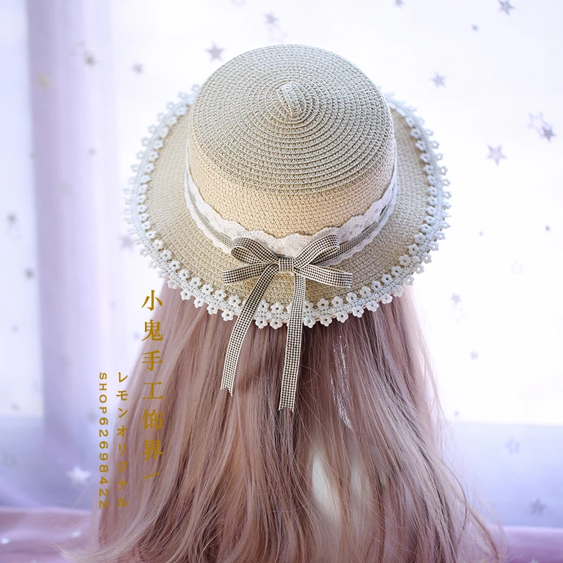 Lolita Daily Lace Plaid Straw Hat Sweet Japanese Dress Hat Mori Pastoral Soft Girl Flat Top Adult Dome Solid Unisex Travel