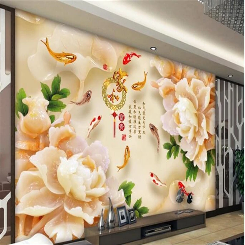 beibehang 3d custom photo wallpaper wall murals stickers Home and wealthy jade carving Peony nine fish figure 3D TV backdrop