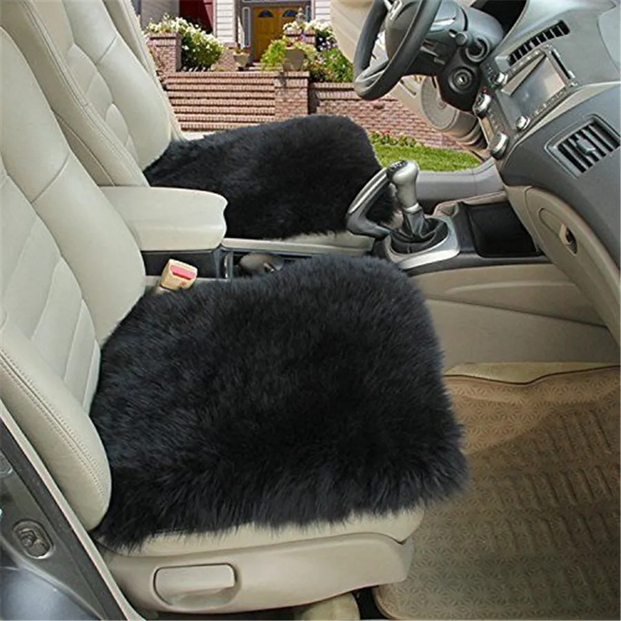 2 Pcs Front Black Sheepskin Fur Seat Cover Cushion + Steering Wheel Cover Set Super Warm Universal Car Seat Cover