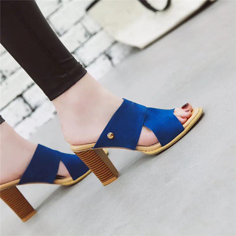 YMECHIC 2019 Thời Trang Xanh Dương Xanh Đen Hồng Peep Toe Võ Sĩ Giác Đấu Trượt Nữ Cao Gót Ống Nữ Mùa Hè Nữ Dép