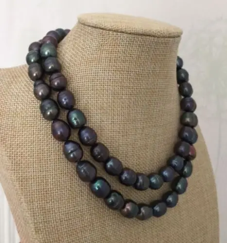 2 rows 11-12mm tahitian baroque black green red pearl necklace 18