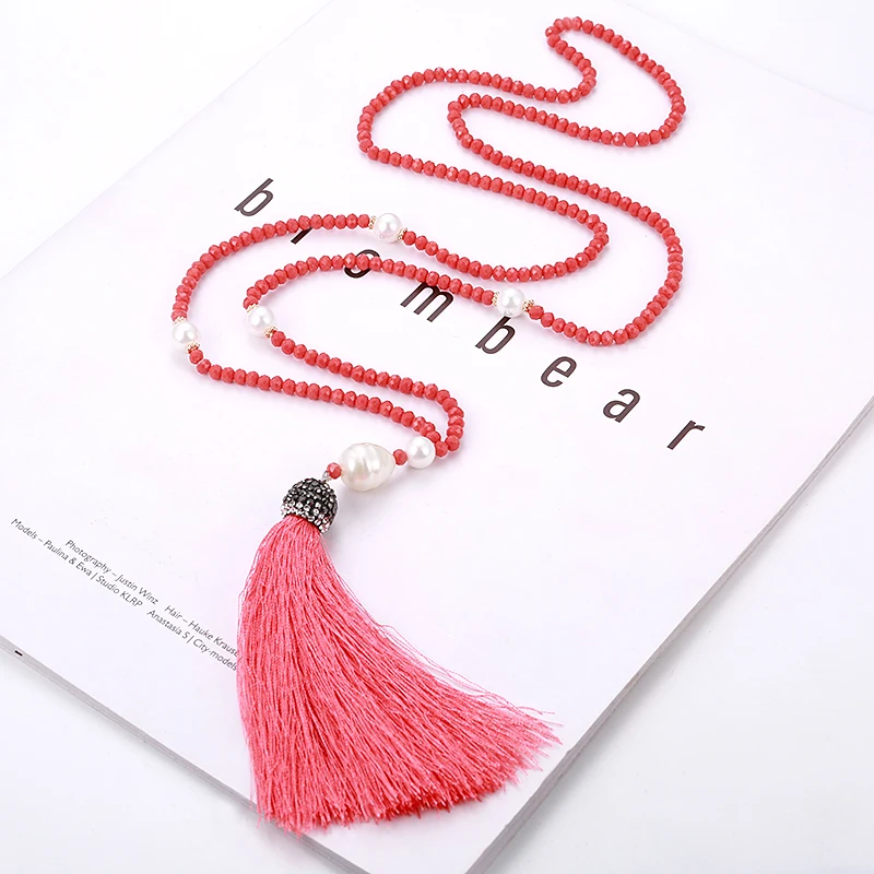 Fashion Tassel Long Necklace For Women Crystal Beads Baroque Pearl Vintage Necklaces Handmade White Blue Red Fringe Necklace