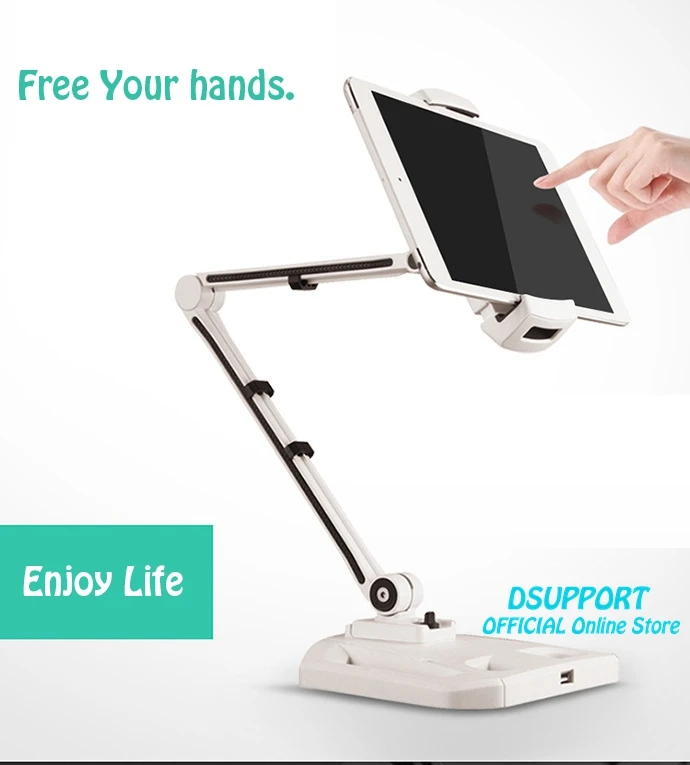 Suporte de alumínio para tablet/smartphone, rotação 360 graus, dobrável, liga de alumínio, 4.7 a 12.2 polegadas, base grande, carregador usb