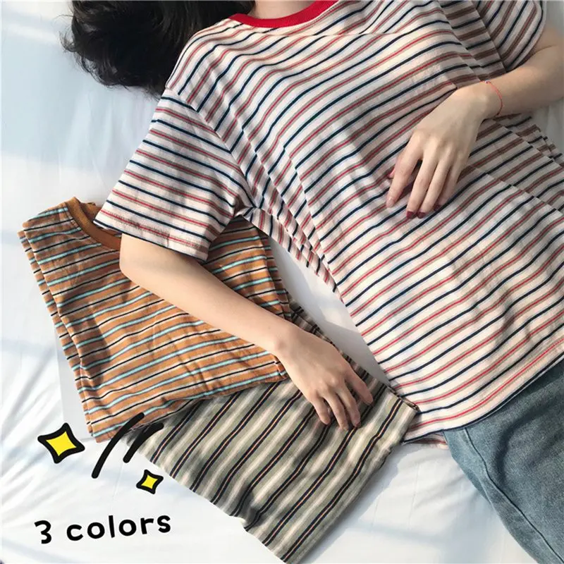 Summer New Women Short Sleeve Striped T-shirt Fashion O Neck Sweet Style Tshirt