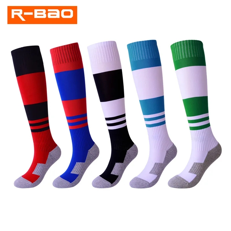 R-BAO 1 Pair Cotton Kids Long Soccer Socks Anti-slip Sports Football Training Shin Guard Ankle Fixed Protector Socks For Child