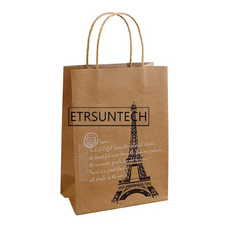 

400pcs Vintage Paris Tower Gift Bags Kraft Paper Clothing Clothes Souvenirs Packaging Bags With Handles