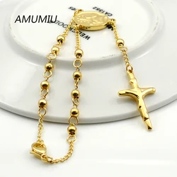 AMUMIU 20CM*4MM Women religious bracelet gold Color beads chain stainless steel rosary jewelry with cross new HZB052W4