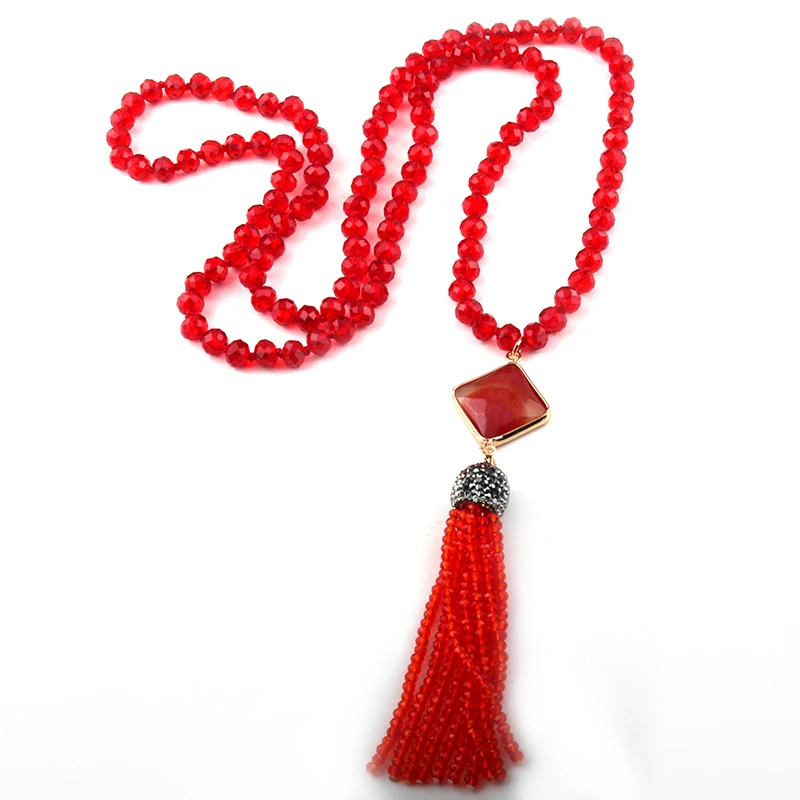 Fashion Bohemian Jewelry Red/Green Glass Crystal Knotted Crystal Tassel Necklaces For Women Ethnic Necklace