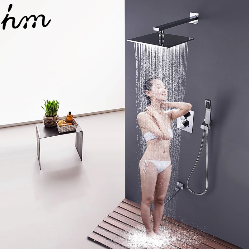 

10'' Wall Mounted Shower Set Bathroom Rainfall Showerhead SystemThermostatic Faucets Tub & Handheld Sprayer Fold Mixer Tap