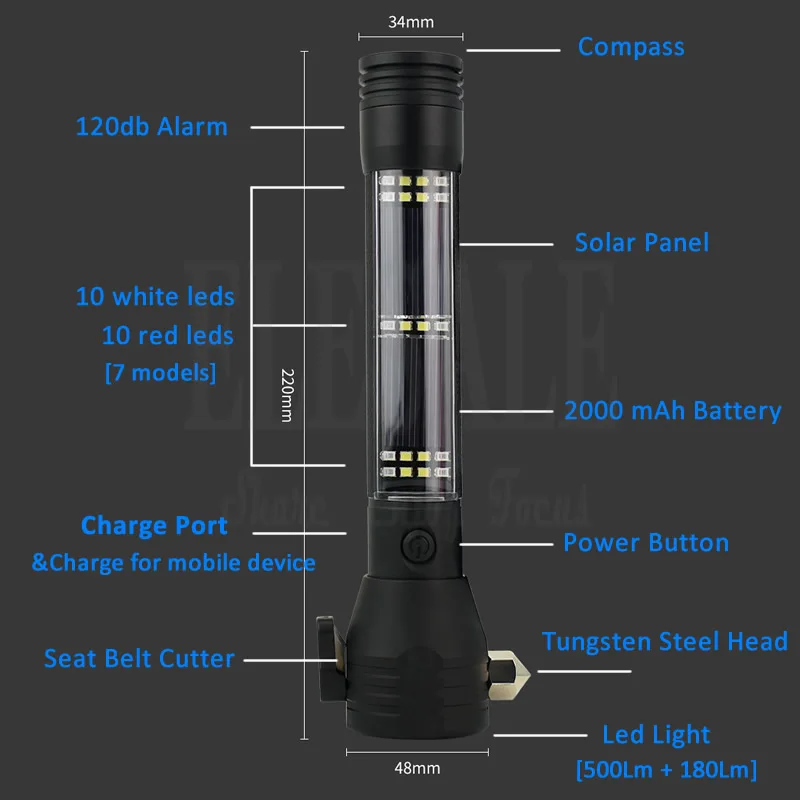 Multi Function Self Defense Flashlight Solar Powered Car Outdoor Survival Strobe Led Light Emergency Glass Breaker 120dB Alarm