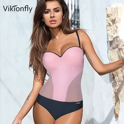 Push Up One Piece Swimsuit Women 2021 Sexy Halter Plus Size Mesh Monokini Bathing Suit Swimming Suit Trikini Thong Swimwear Pink