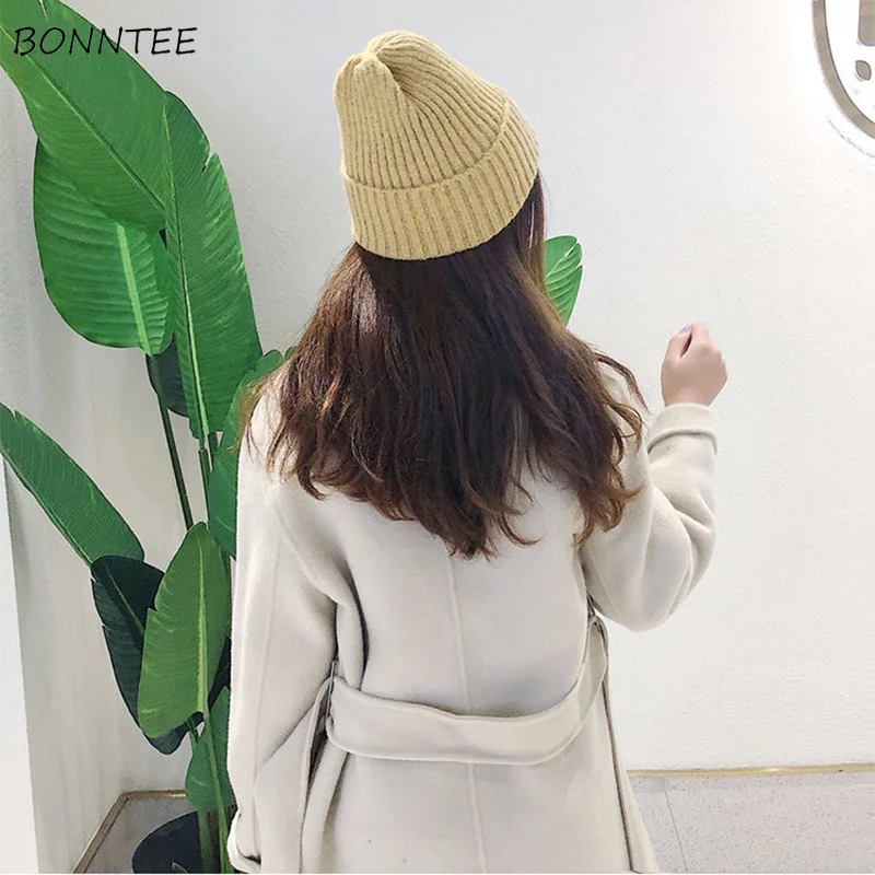 Beanies Women 2020 New Solid Knitted Warm Soft Trendy Hats Simple Korean Style Womens Wool Casual Caps Elegant All-match Beanie