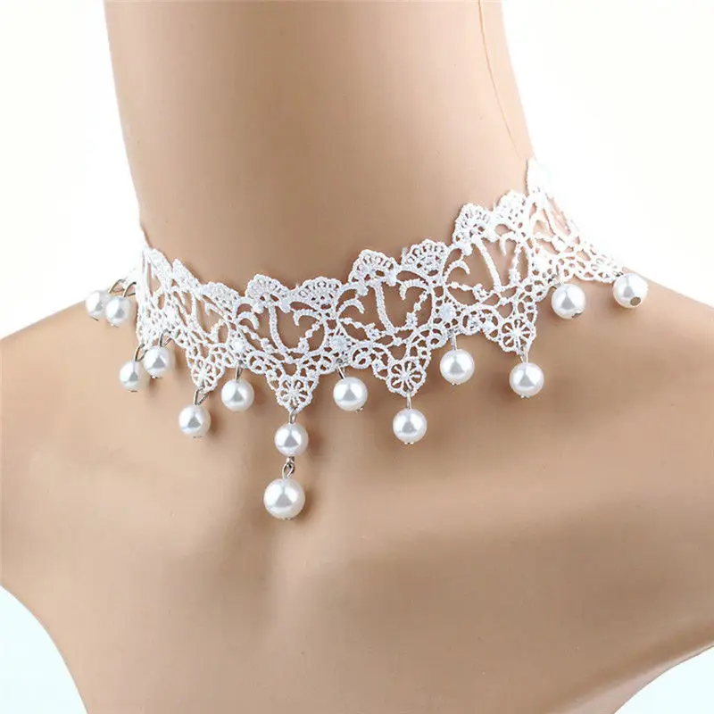 Bridal Jewelry New Fashion Elegant Vintage Imitation Pearl White Lace Statement Choker Necklaces For Women Wedding