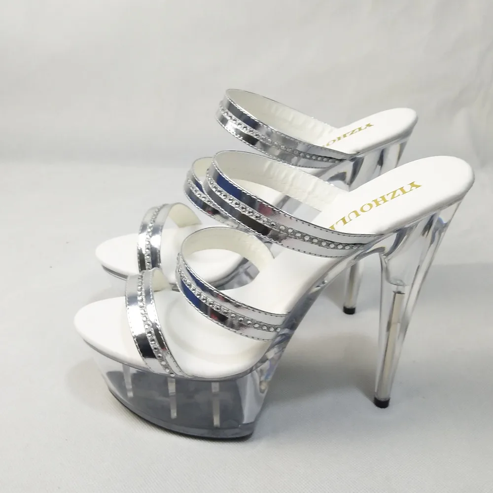 Professional pole dancing performance stylish sexy heels 15 cm silver vamp clear crystal sandals