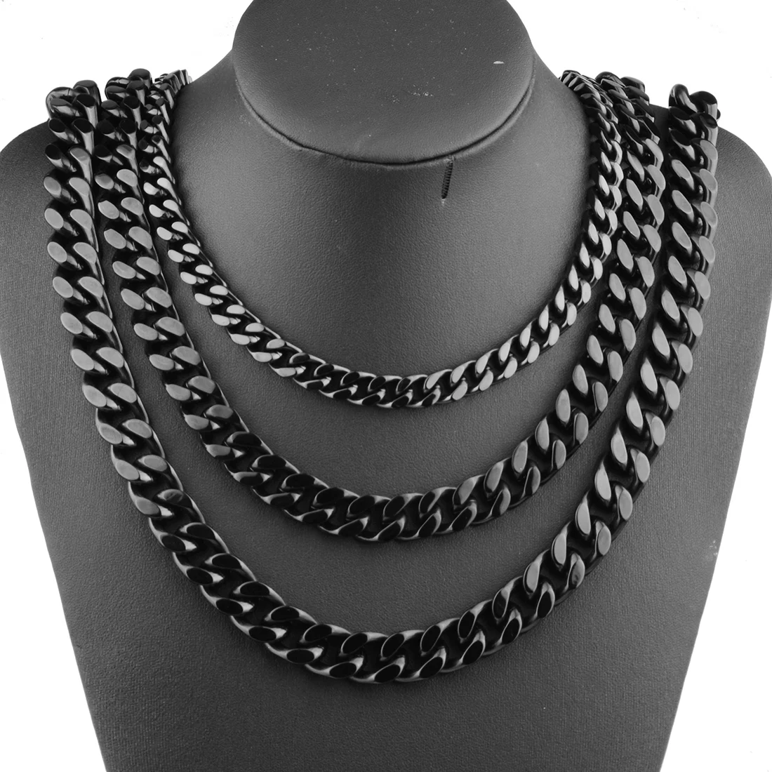 Granny Chic New Fashion 9/11/13/15mm Stainless Steel Miami Curb Cuban Chain Necklaces Mens Lock Clasp Black Punk jewelry