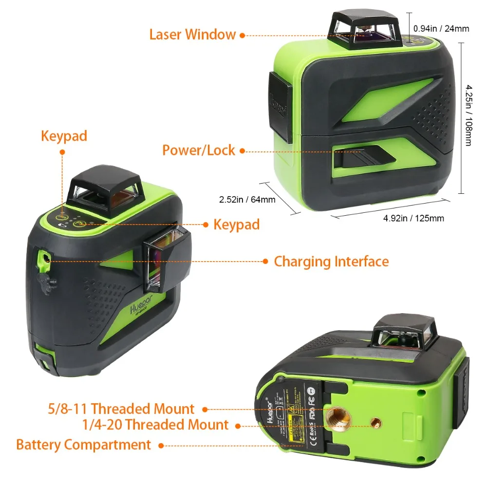 Huepar 8 Lines Green Beam 2D Cross Line Laser Level Self-Leveling 360 Vertical & Horizontal USB Charge Use Dry & Li-ion Battery