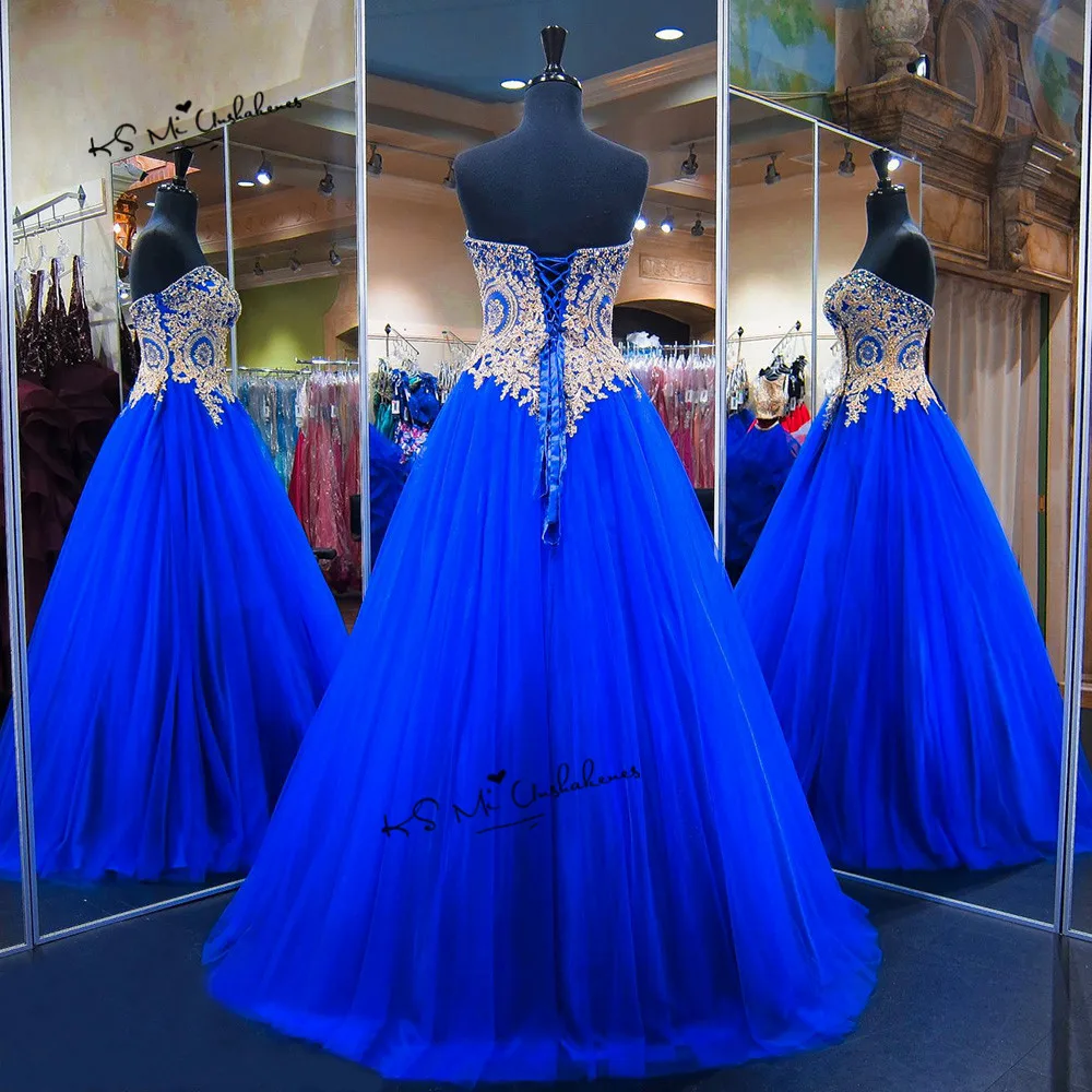 Vestidos de quinceañera, Vestidos de 15 años, azul real, dorado, baratos, 2018, Abiti da Cerimonia da Sera Abendkleider