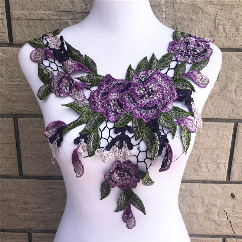 1pc Green/Red Flower Embroidery Applique Pacthes Lace Fabric Neckline Collar Motif Scrapbooking Diy Clothes Sewing