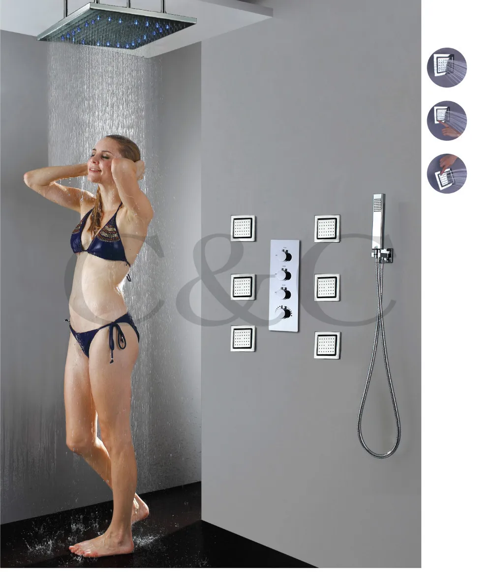 20 Inch LED 3 Colors Rainfall Shower Head Set All Metal LED Rainfall Bathroom Shower Set