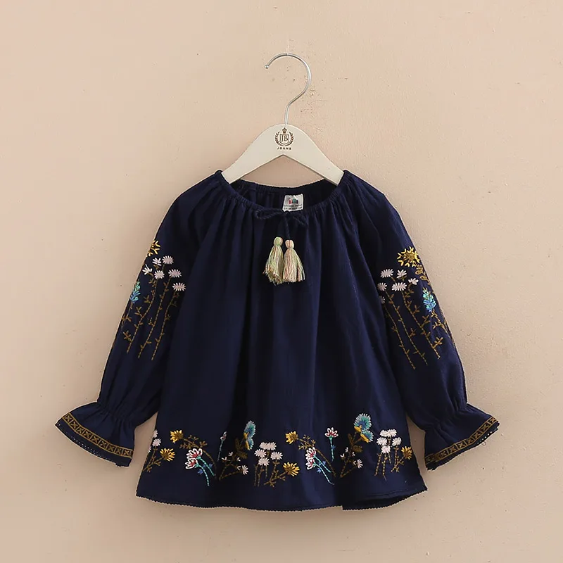 2023 Spring Autumn 2-10 Years Cotton Navy Blue White Long Flare Trumpet Sleeve Embroidery Baby Kids Girls Tassels Blouse Shirt