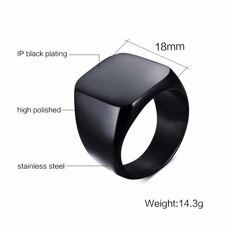 MONOGRAM SIGNET RING STAINLESS STEEL BIKER RINGS FOR MEN MONOGRAM FANCY INITAL SQUARE FLAT TOP BAND IN BLACK