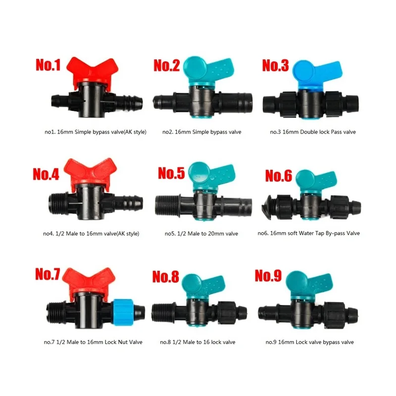 

5pcs 16-Kinds Drip Irrigation Tape Ball Valves 1/2" Thread 16mm 20mm 25mm Barbed Connectors Trickle Irrigation Water Pipe Valve