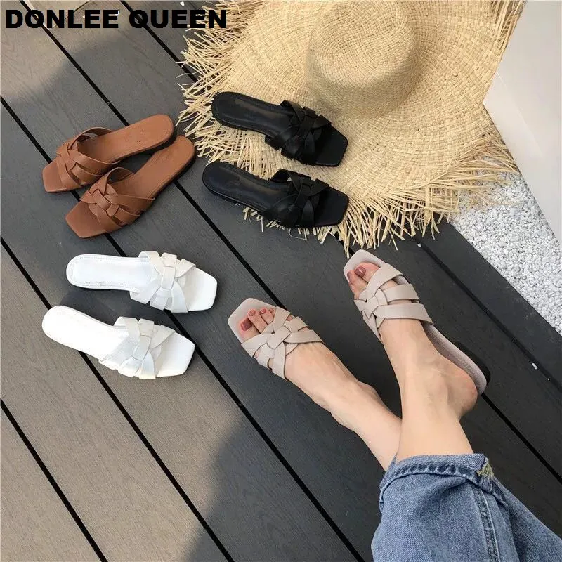 DONLEE kraliçe kadınlar marka terlik yaz slaytlar açık ayak düz rahat ayakkabılar eğlence Sandal kadın plaj Flip flop büyük boy 35-41