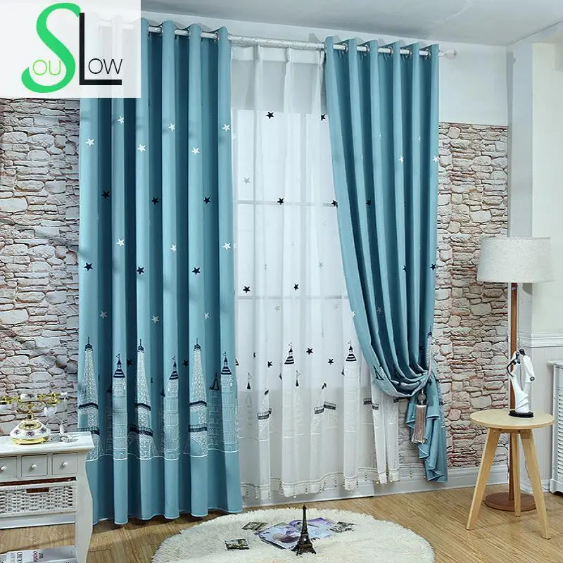 Slow Soul Hemp Iron Tower Castle Embroidered Children Room Bedroom Curtain Cartoon Curtains Tulle For Living Kitchen Baby Kids