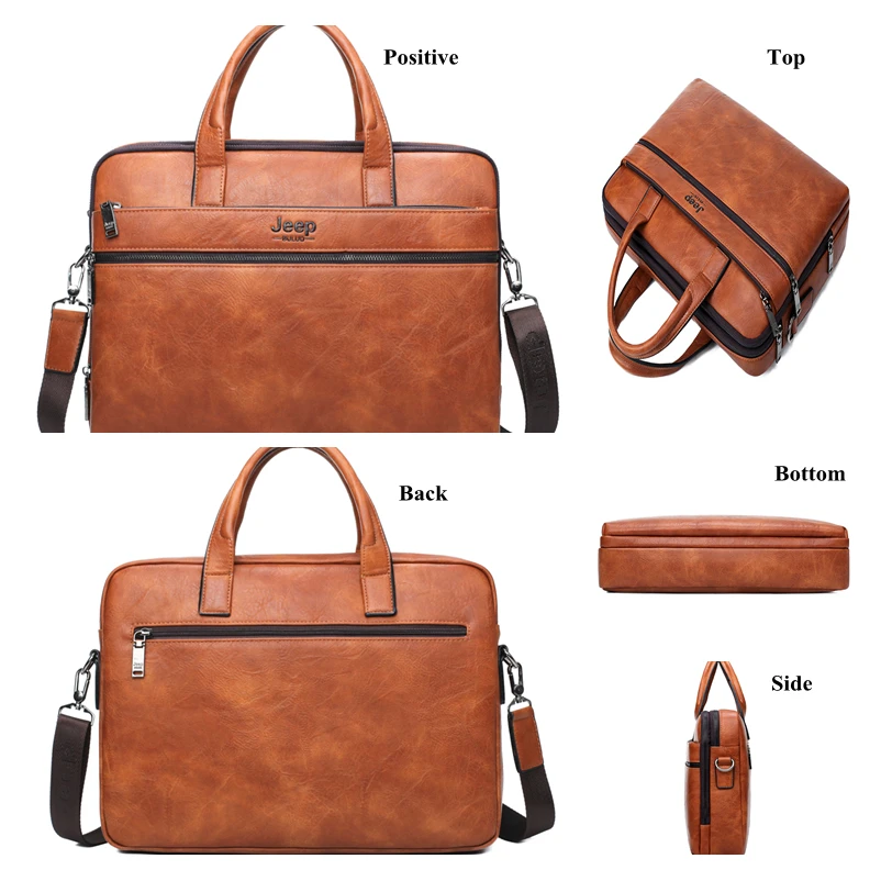 JEEP BULUO Brand Man\'s Business Briefcase Bag 2pcs/set Split Leather Shoulder Bag Men office Bags For 14 inch Laptop A4 Causel