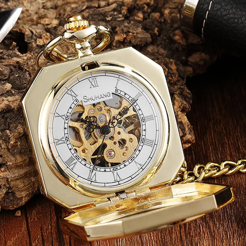 Luxury Gold Mechanical Pocket Watch Vintage Skeleton Golden Male Clock Hand Wind Square Necklace Watch Chain For Men Women Gift