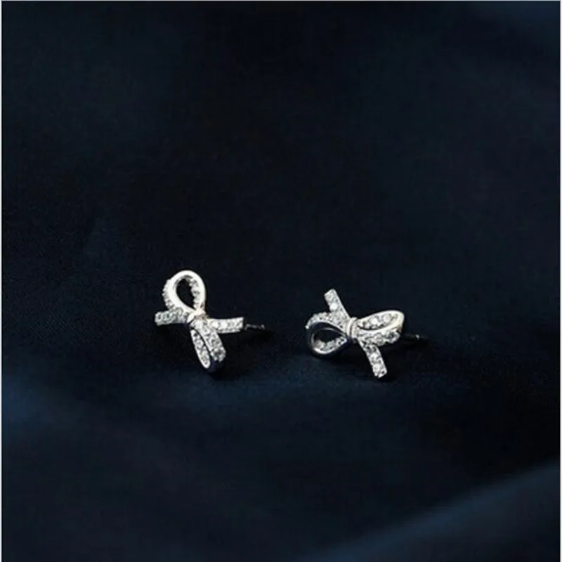 New Fashion Bright Temperament 925 Sterling Silver Jewelry Bow Bowknot Sweet Female Crystal Zircon Earrings  E213