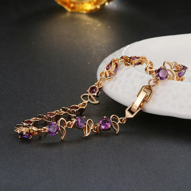 Emmaya Hot Sell   Gold Color Purple Crystal Bracelet Fashion Design Cubic Zircon Bracelets Bangles Luxury Wedding Bracelet