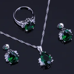 Marvelous Green Cubic Zirconia White CZ Silver Plated Jewelry Sets Earrings Pendant Nacklace Chain Ring V0323