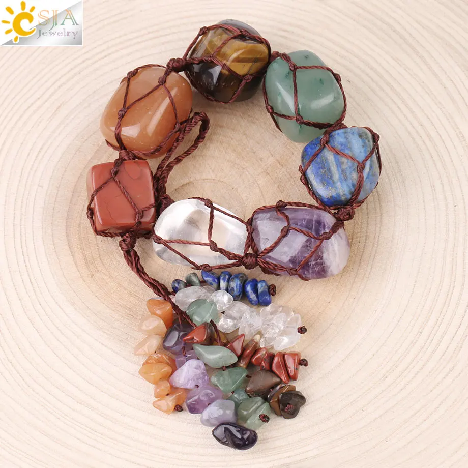 CSJA Natural Stone 7 Chakra Irregular Car Hanging Decoration Healing Reiki Tumbled Gem Stones Tassel Home Wall Window Decor G110