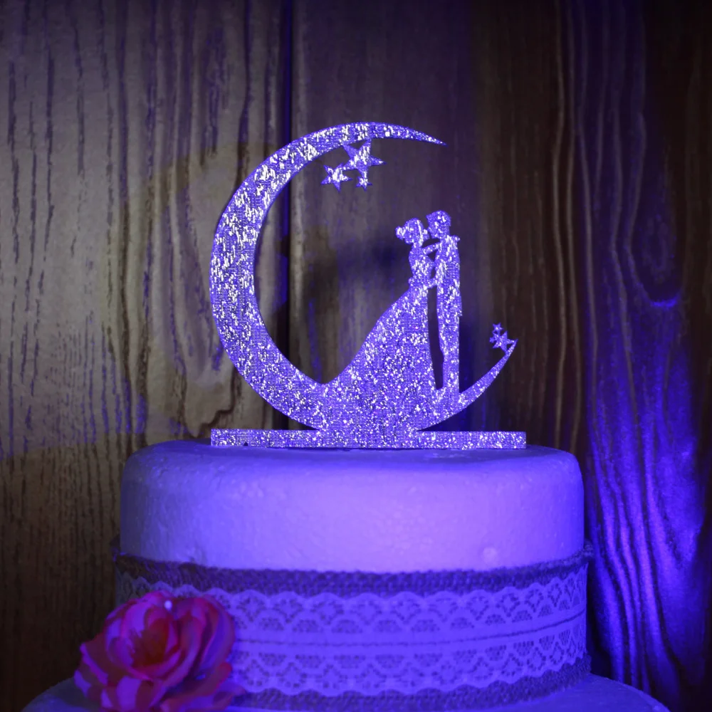 Paar op De Maan Wedding Cake Topper, Custom Cake Decoratie, Acryl Goud Gepersonaliseerde wedding cake topper Casamento
