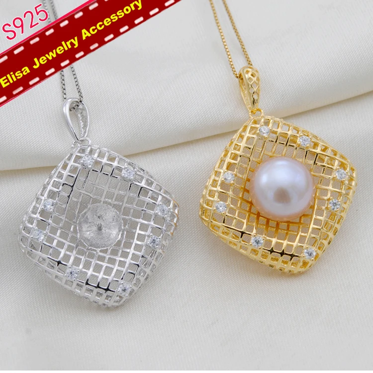 

Square Design Big Pearl Pendant Settings S925 Sterling Silver Pendant Fittings Necklace Pendant Holder 3Pieces/Lot