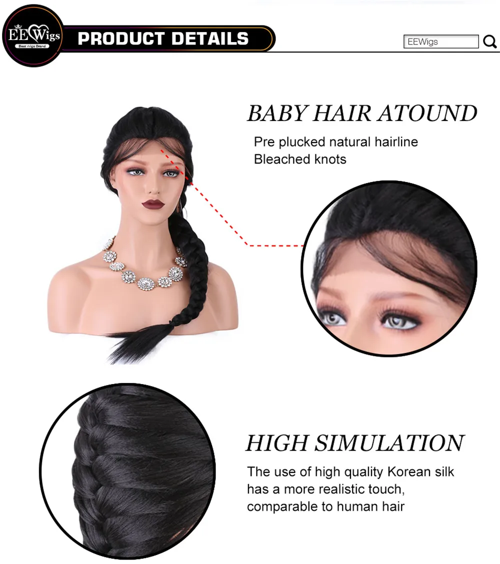 StrongBeauty Französische Zopffrisuren, Lace-Front-Perücken für Frauen, synthetische Spitzenperücke, schwarz, mit Babyhaar