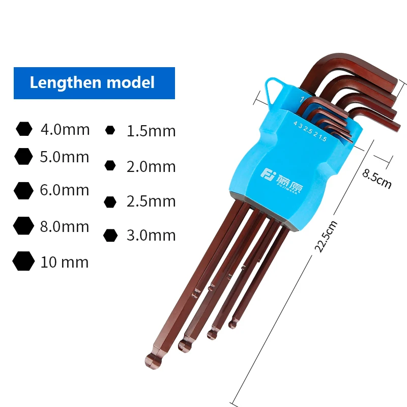 FUJIWARA 9-piece Hex Wrench Set Long Ball Head Six-way Multi-function Maintenance Removal Tool