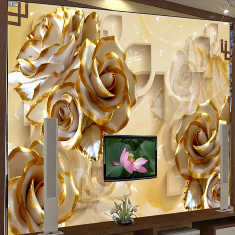 European Style 3D Stereo Rose Jade Carving Photo Murals Wallpaper Living Room TV Sofa Background Wall Cloth Papel De Parede 3 D