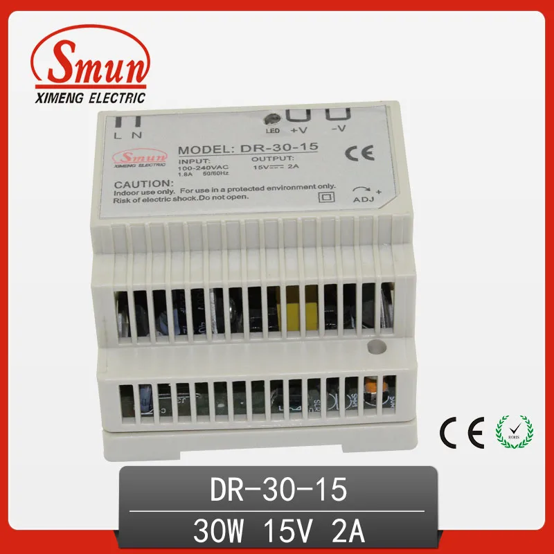 SMUN DR-30-15 30W 15V 2A Din-Rail Switching Power Supply with CE ROHS  2 Year Warranty OEM Factory