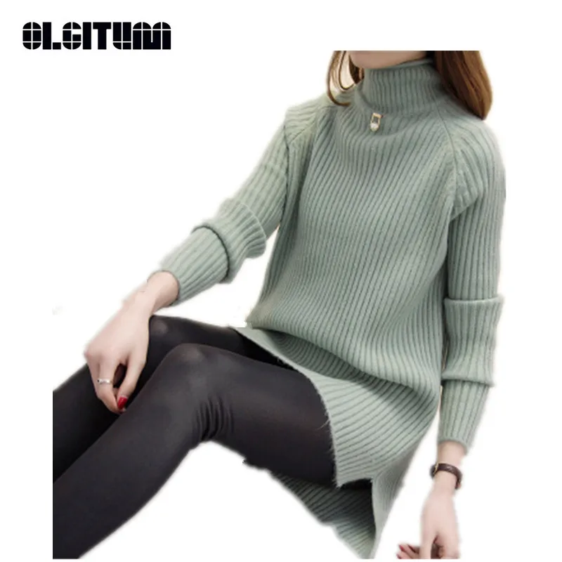 

New 2020 Autumn Winter Loose Women Half-neck Knit Sweater and Pullovers Side Split Long Thick Bottoming Knitted Sweater Women