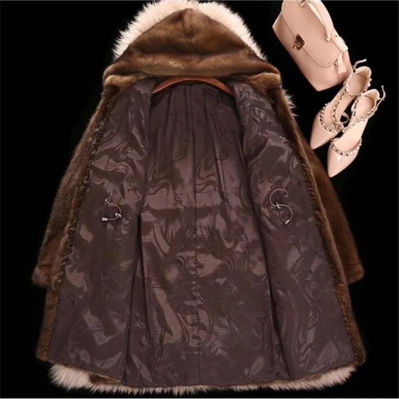 High Faux Mink fur Coat Female 2024 New Medium length Winter Hooded Tops Women Thicken Brown Mink Fur Coats 5XL 6XL H556