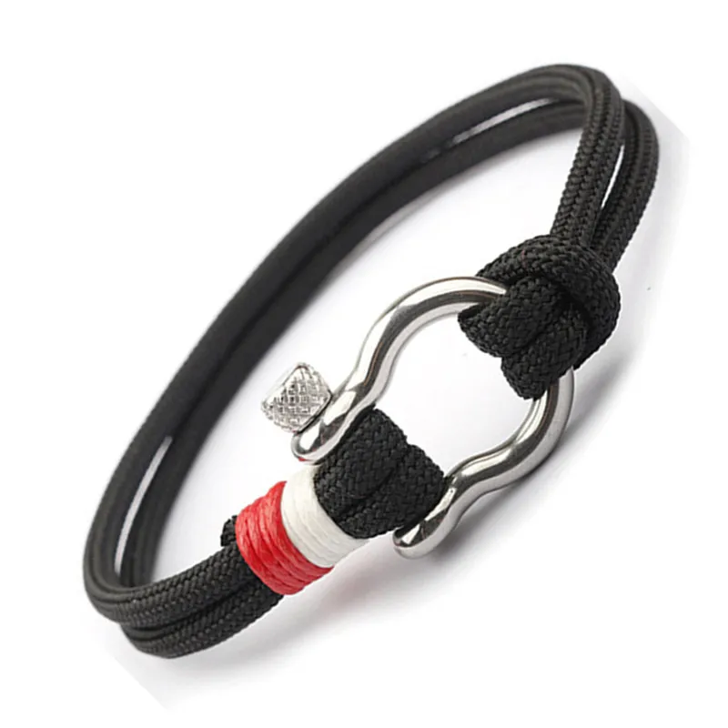 New Arrival Outdoor Camping Rescue Survival Bracelet Men Sports Paracord Braided Rope Horseshoe Buckle Stainless Steel Bracelet