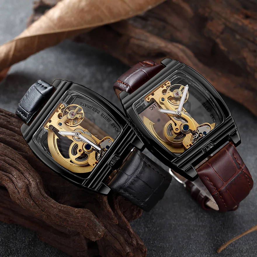 Reloj mecánico automático transparente para hombre, pulsera de cuero de cuerda automática con esqueleto Steampunk, engranaje de lujo